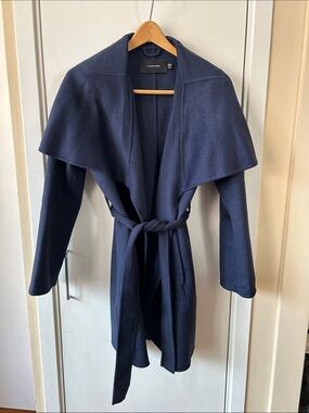 Tahari Navy Blue Wrap Jacket Coat with Belt and Shawl Collar